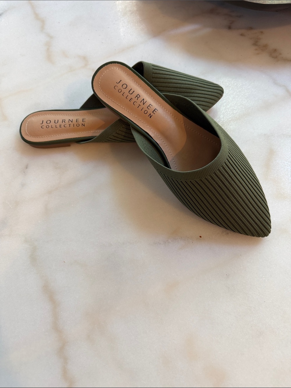 Journee Collection Olive Ribbed Pointed Slip-On Mules